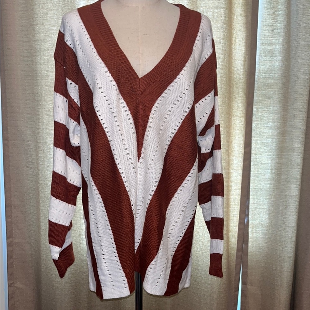 Rust Brown and White V-Neck Chevron Stripe Sweater Womens Plus Size 2XL